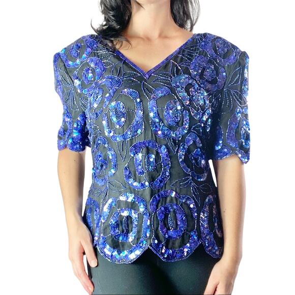 Stenay Tops - Stenay Vintage Sequin Beaded Blue Blouse Large